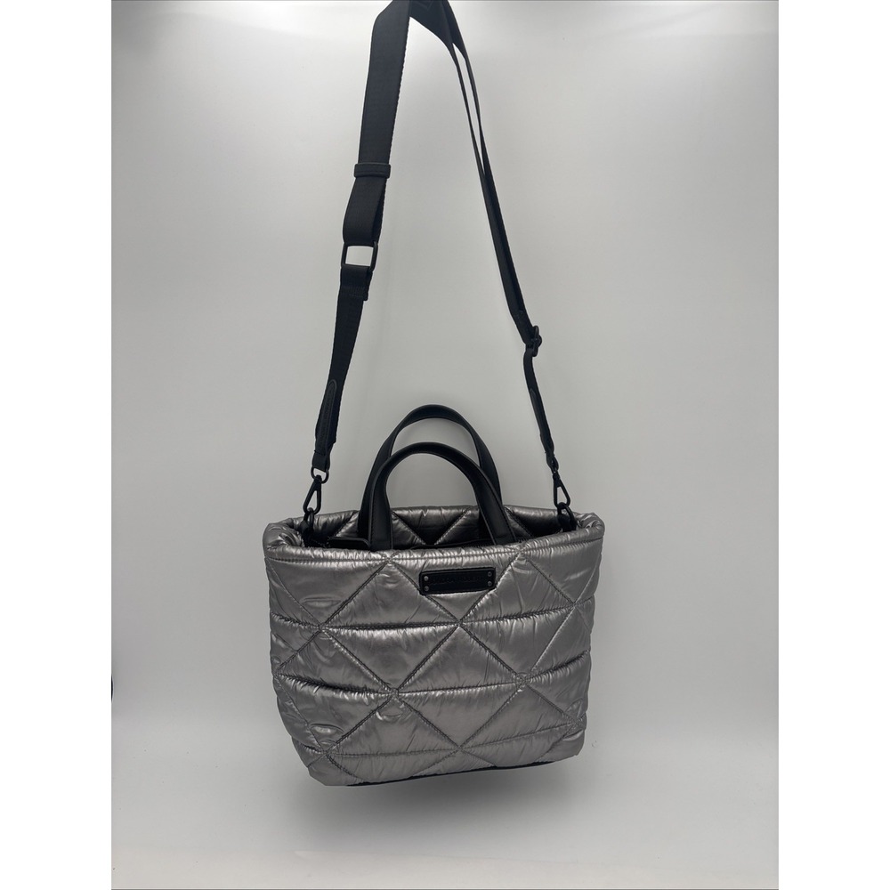 Sondra Roberts Squared Silver Quilted Puffer Tote Bag Metallic Nylon Lightweight